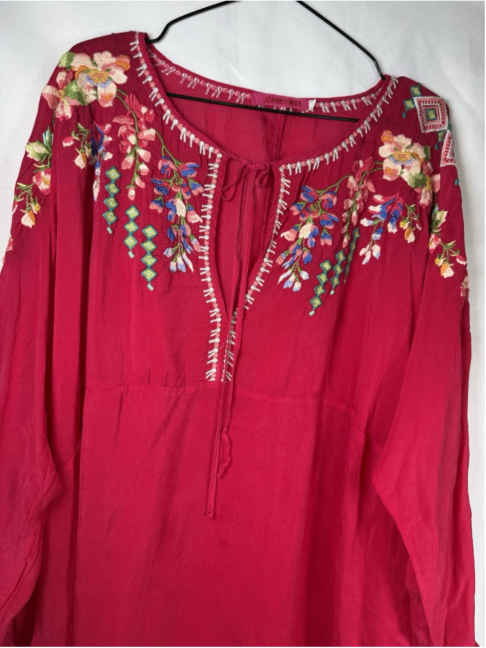 Johnny Was Red Floral Embroidered Tie Yoke Neck Tunic Top Blouse 2X Geometric - Picture 2 of 9